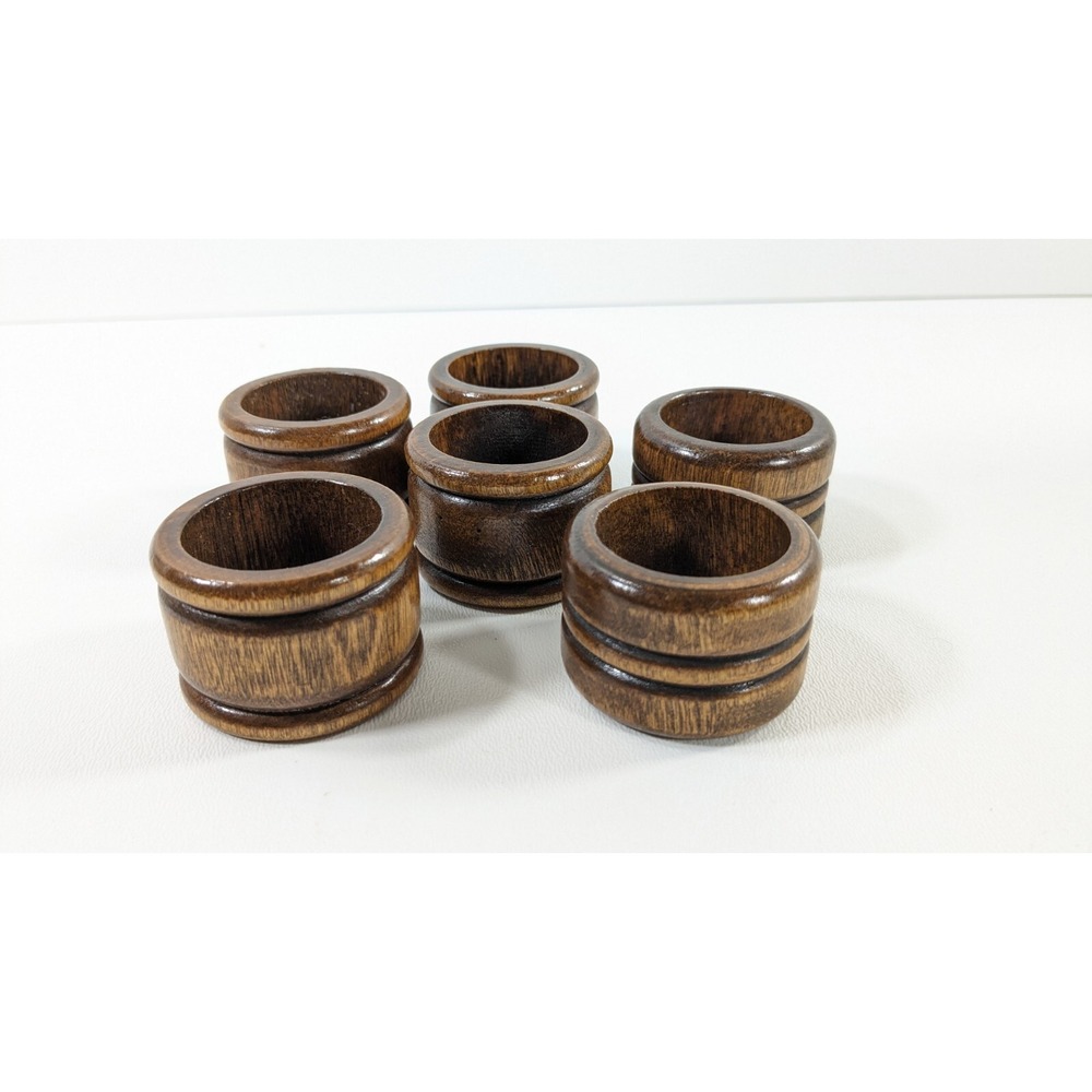 Vintage Dark Brown Wood Napkin Rings Set of 6 Rustic Double Groove Round Holders